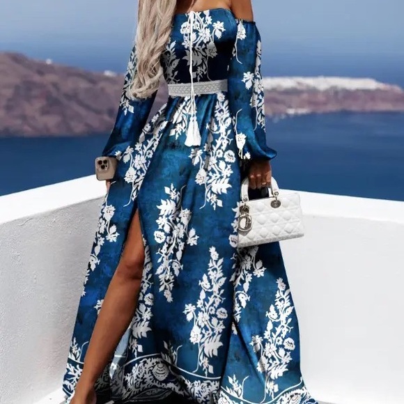 Chicme tribal Print Off Shoulder Contrast Lace Slit Maxi Dress - Picture 2 of 3